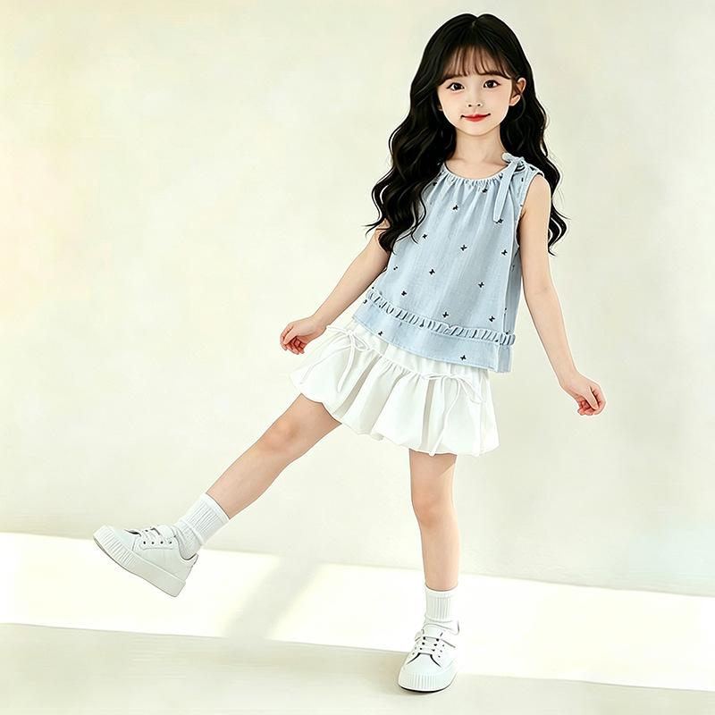 Girls Summer Bow Blouse and Bloomer Skirt Two Piece Set