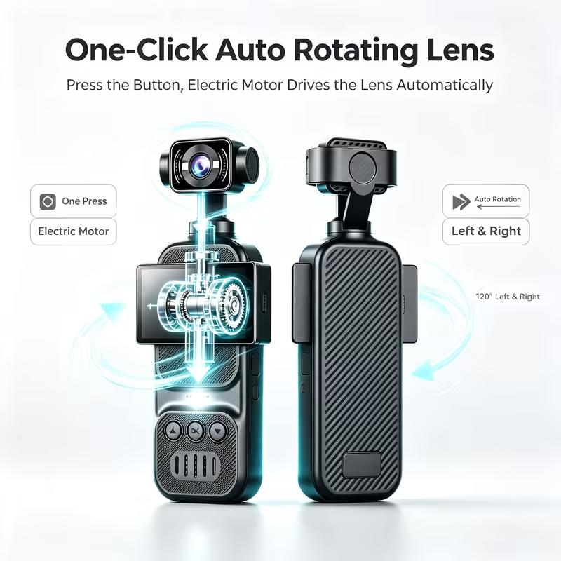 Portable Outdoor Camera, 360° Rotatable Lens,2k HD Recording, Image Stabilization, One‑Touch Record for Cycling Vlogging