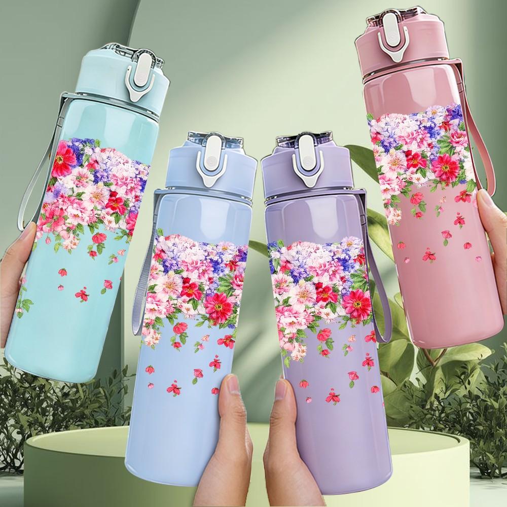1PC Falling Pink Rose Floral Spray Print 750ml Color Plastic Sports Water Bottle Leakproof Flip Straw Lid Suitable for Sports Office Home Use