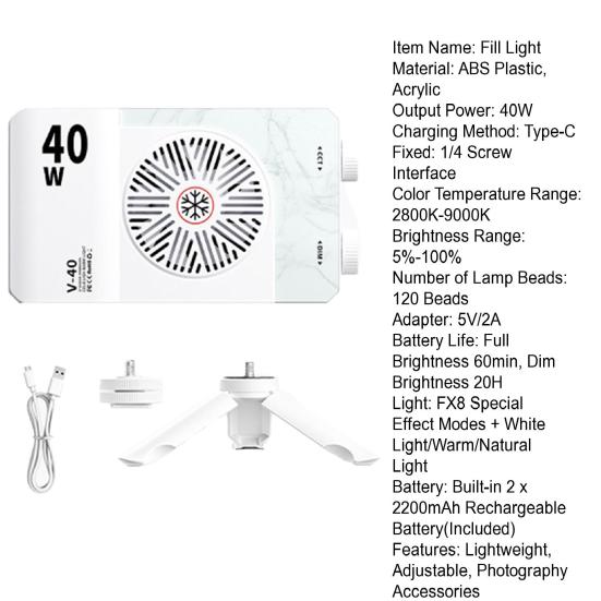 Светодиодный накамерный свет 40 Вт со штативом Портативный Легкий 4400 мАч Перезаряжаемый Регулируемый Резьба 1/4 дюйма Видеосъемка Фотография Ручной заполняющий свет