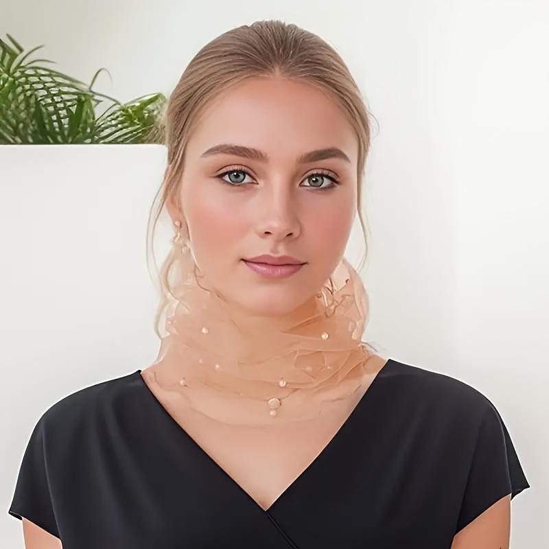 Fashionable Four-Season Nylon Mesh Scarf Adorned with Lace And Pearl Decorations, Providing Lightweight And Transparent Neck Protection.