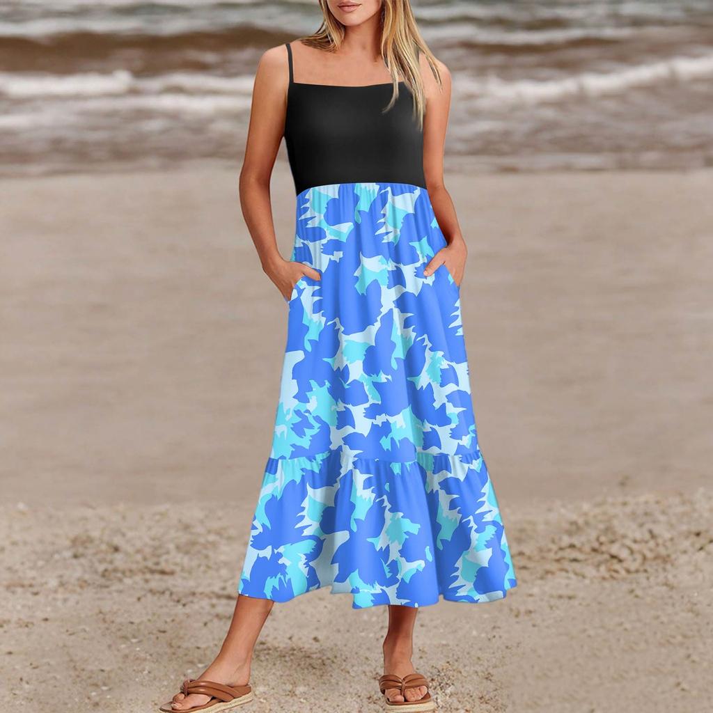 Women's Summer Spaghetti Strap Patchwork Beach Vacation Floral With Pocket Dresses