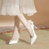 Size 35-40 Stiletto Heel Point Toe Pearls Buckle Belt 9cm High Heel Ladies Bow Satin Fabric White Wedding Shoes Women Pumps