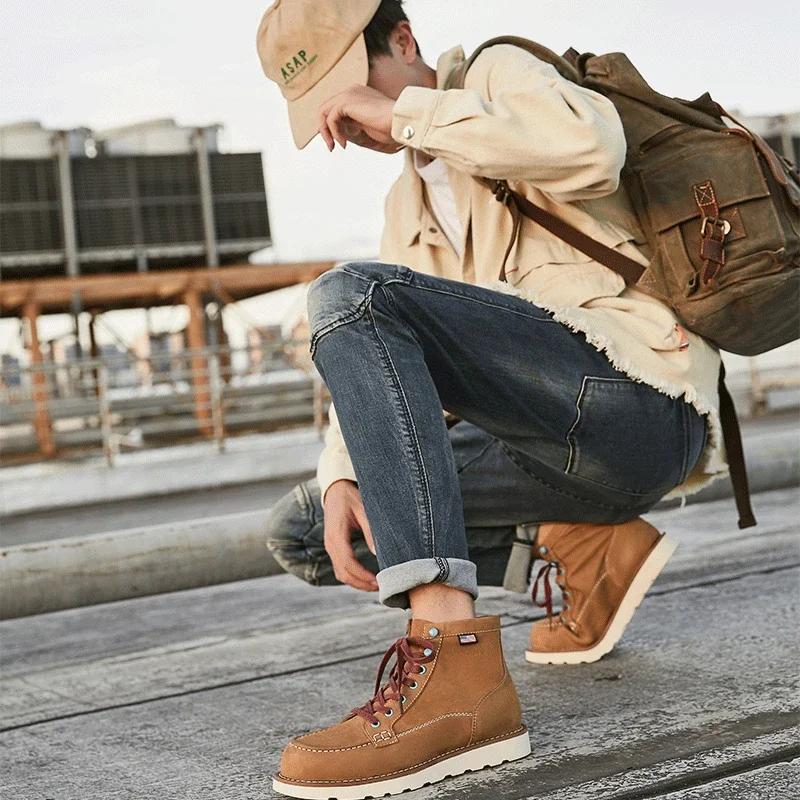 Модные большие желтые ботильоны для мужчин, на шнуровке, нескользящие рабочие ботинки, натуральная кожа, теплая обувь, армейские ботинки 2024 года в стиле ретро