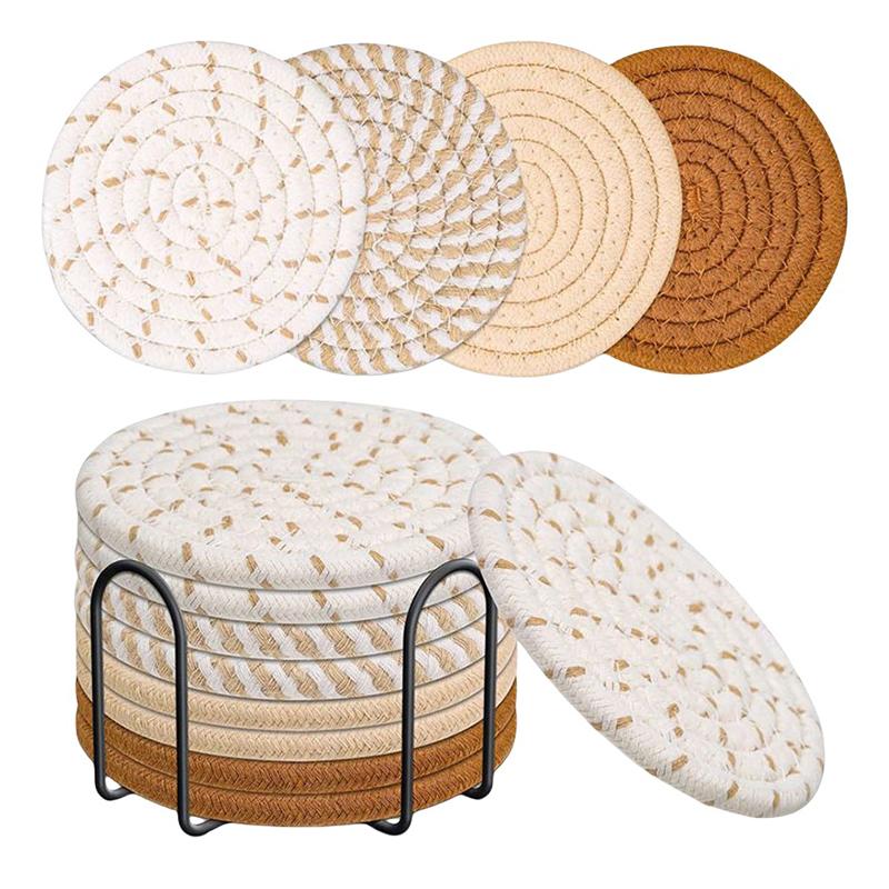 8Pcs Cup Coasters For Drinks Absorbent Woven Coaster Set With Holder Farmhouse Cloth Fabric Cup Coasters For Coffee Tea