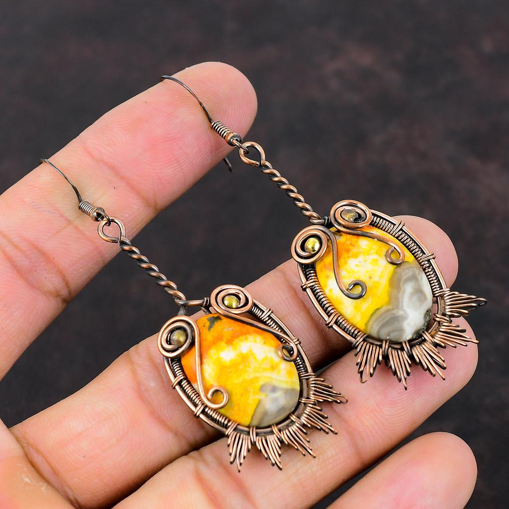 Серьги «Шмель-пчела» из яшмы, серьги из медной проволоки, уникальные серьги ручной работы, ювелирные изделия из драгоценных камней, серьги-капли, подарок для мамы, медные украшения