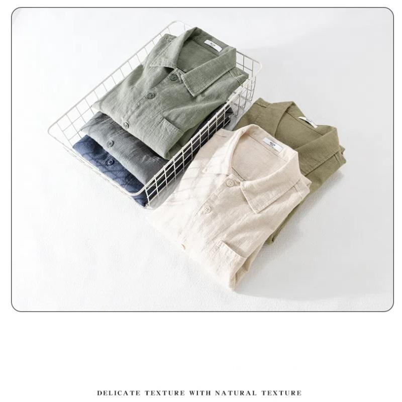 Весенние и осенние рубашки с длинным рукавом для мужчин в китайском стиле из хлопка и льна, повседневная мужская одежда с несколькими карманами, однотонная рубашка с воротником-лацкан