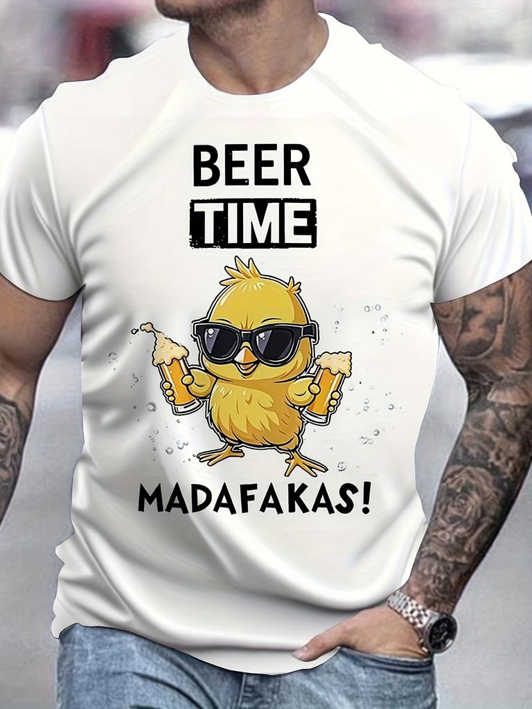 Мужская забавная футболка с принтом пива и курицы Черно-белый принт Слоган BEER TIME Повседневный летний топ с круглым вырезом и короткими рукавами
