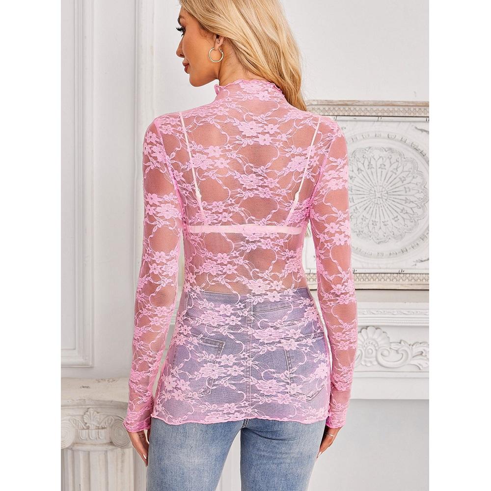 Женские сетчатые прозрачные кружевные топы с круглым вырезом и длинными рукавами, женские облегающие топы с цветочной вышивкой, женские нарядные футболки