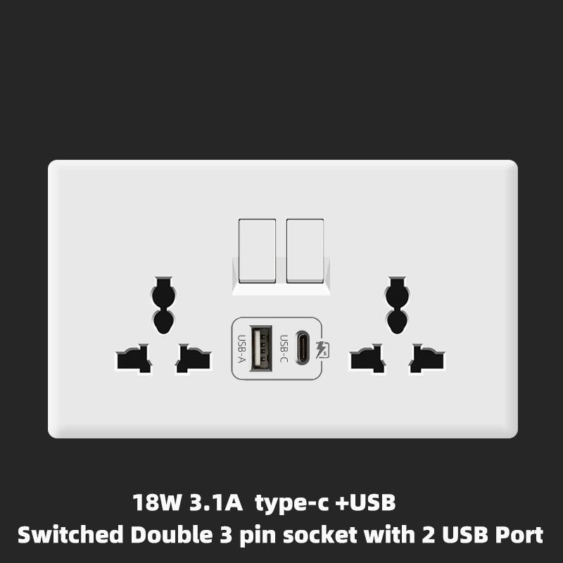 UK 13A Wall Power Socket with USB Type-c 18W Quick Charge Outlet Plug,White Universal Light Switch Double Usb Electrical Socket