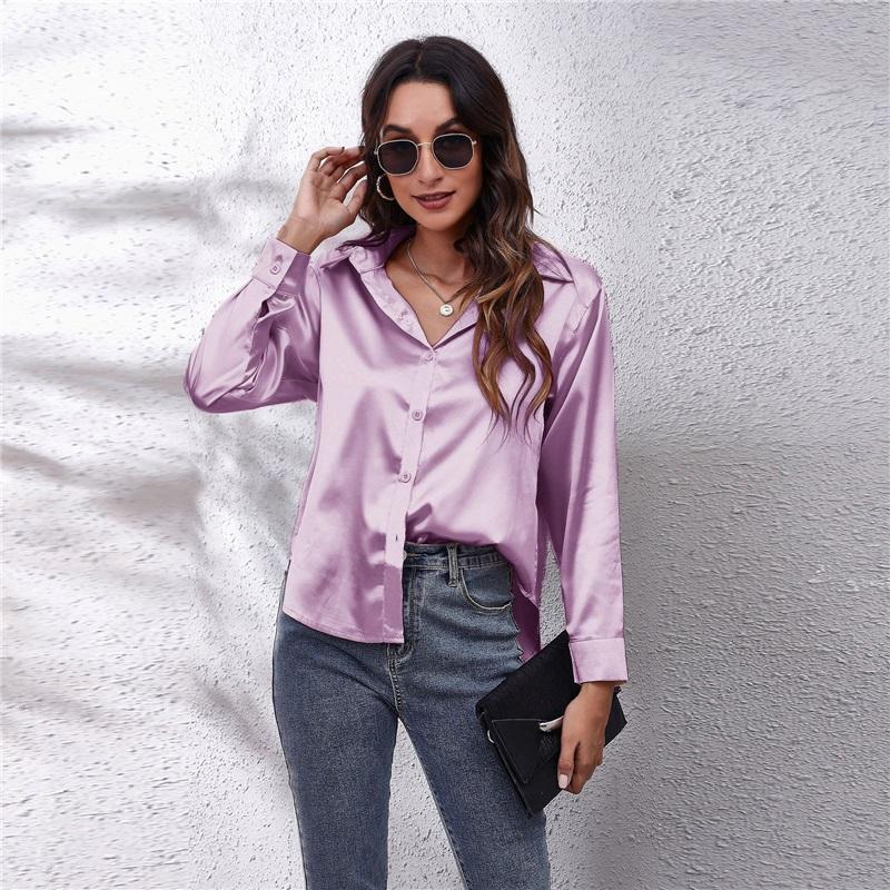 Women's Satin Blouse Long Sleeve V Neck Casual Button Down Shirt