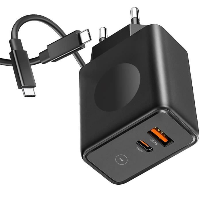 Chargeur - E.F.CONNECTION - Adaptateur Rapide 30W - 2 Ports PD 20W - Câble USB-C 1M - Noir
