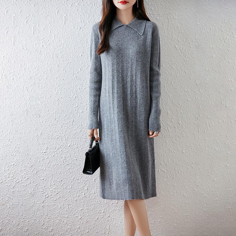 Women Sweater Dress 100% Wool TIDENOVEL Turn-down Collar Knit Long Pullover Winter Jumpers Wool Long Dress Female