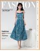 Women's Blue Floral French Style Slimming Summer Dress with Waist-Cinching Design