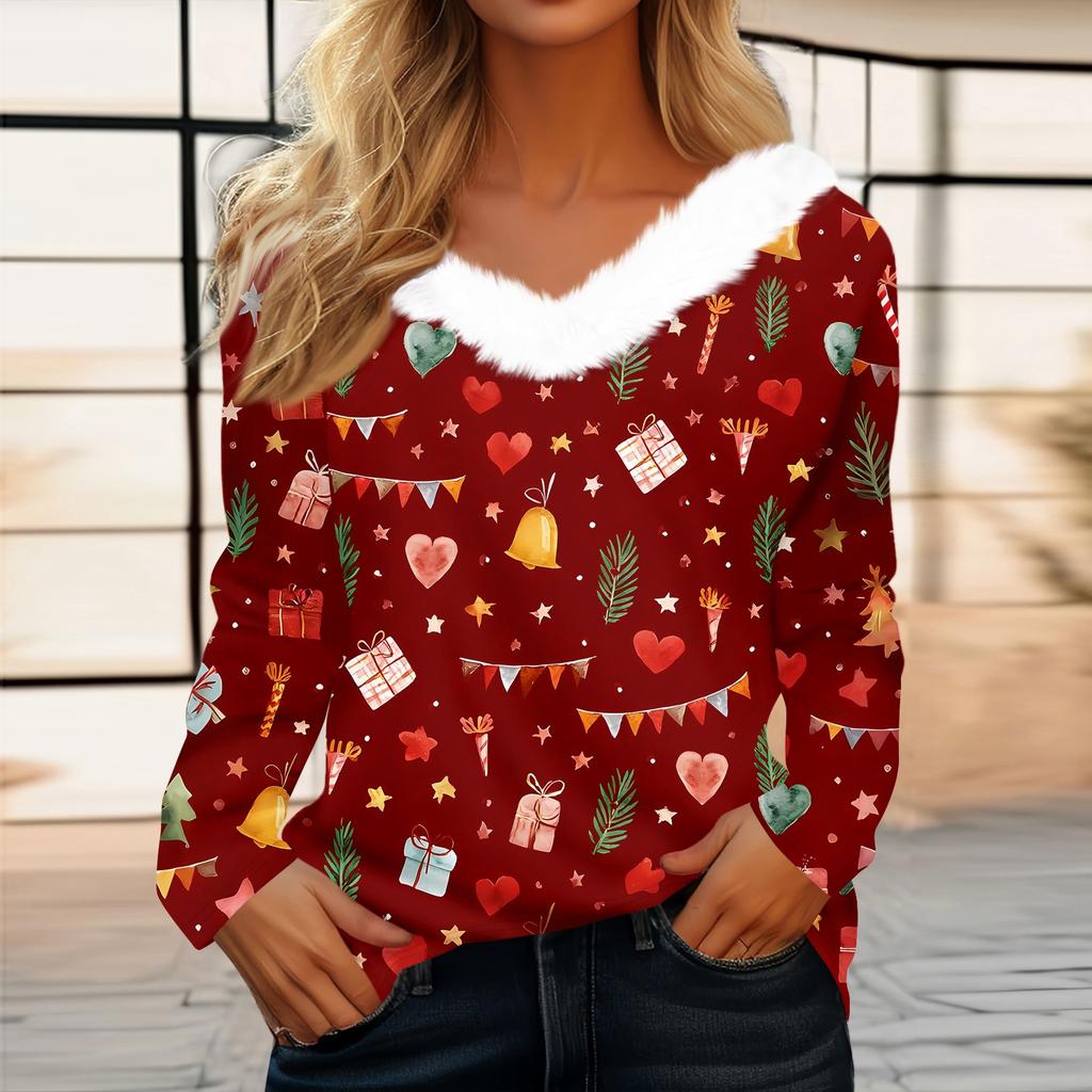 Женская футболка с рождественским принтом, вечерние рубашки с длинным рукавом, рождественский флисовый воротник, топ с v-образным вырезом