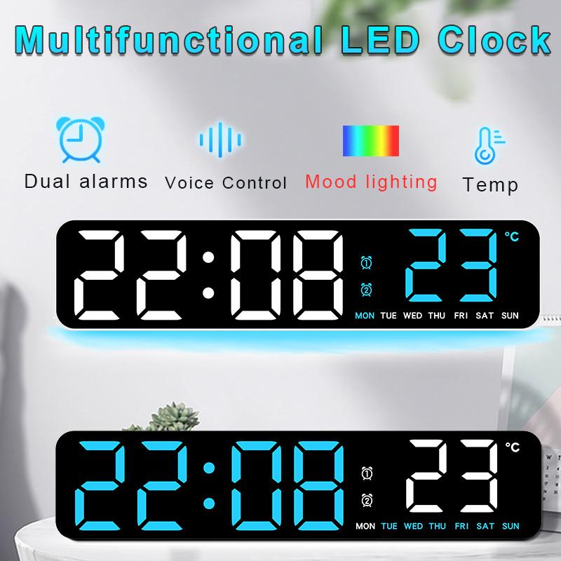 Voice Control Digital Alarm Clock TEMP Date Timer Countdown Dual Alarms Table Clock Electronic LED Clocks with Ambient-Light2