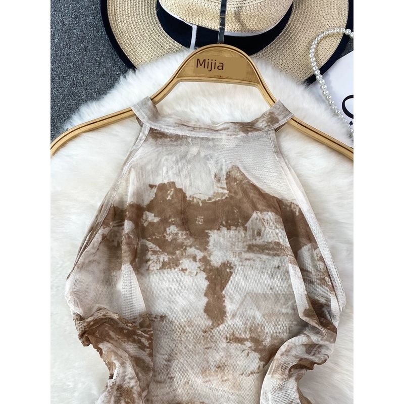 Chinese Style Ink Painting Print Halter Spaghetti Straps Vest Women's Outerwear Western Style Slim Fit Slimming and Short Drawstring Top Summer