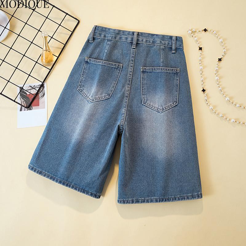 MODIQUE 2025 New Plus Size Summer Women's Casual Elastic Straight High-waisted Blue Fifth Denim Shorts Ladies Loose Basic Pants Jeans