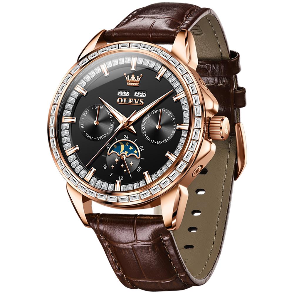 OLEVS Luxury Automatic Men Watch Rose Gold Crystal Bezel Moon Phase Brown Leather Strap Multifunction Male Wristwatch Gift