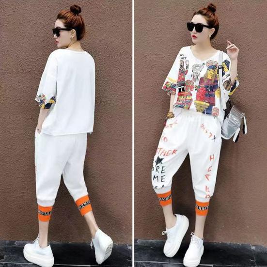 Женский комплект из 2 шт./компл., футболка с V-образным вырезом в стиле хип-хоп и принтом, брюки, топ с ремешками на щиколотке