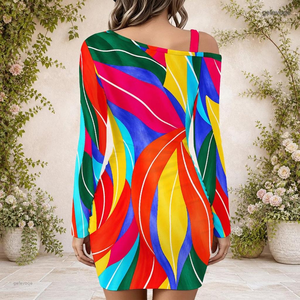 Women Plus Size One Shoulder Long Sleeve White Navy Blue Printed Bodycon Mini Dress