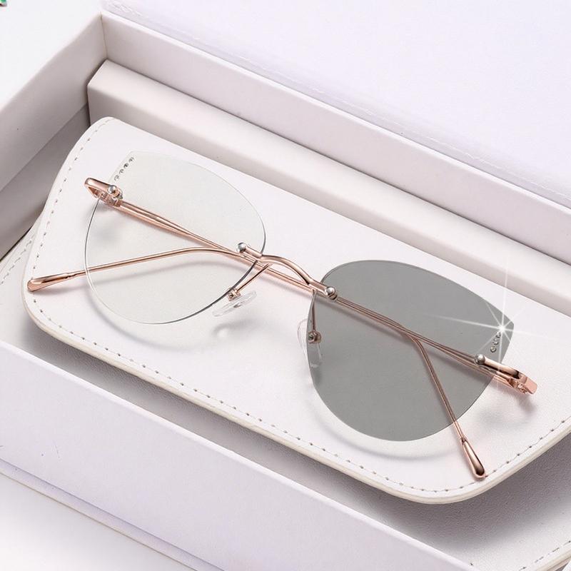 High Quality Frameless Photochromic Myopia Glasses All Titanium Ultra Light Cat Eye Anti Blue Light Glasses Diopter To -4.0