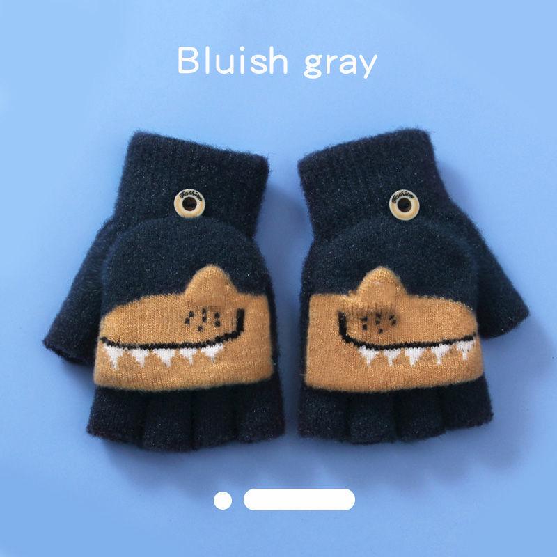 Children's Flip-Top Half-Finger Winter Gloves - Crystal Mink Dinosaur Design