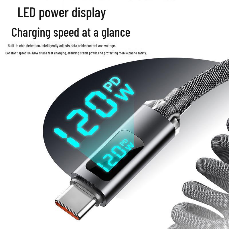 Кабель Crystal Shine 120 Вт для быстрой зарядки USB-C с цифровым дисплеем для Apple 15/16 и Huawei Honor.