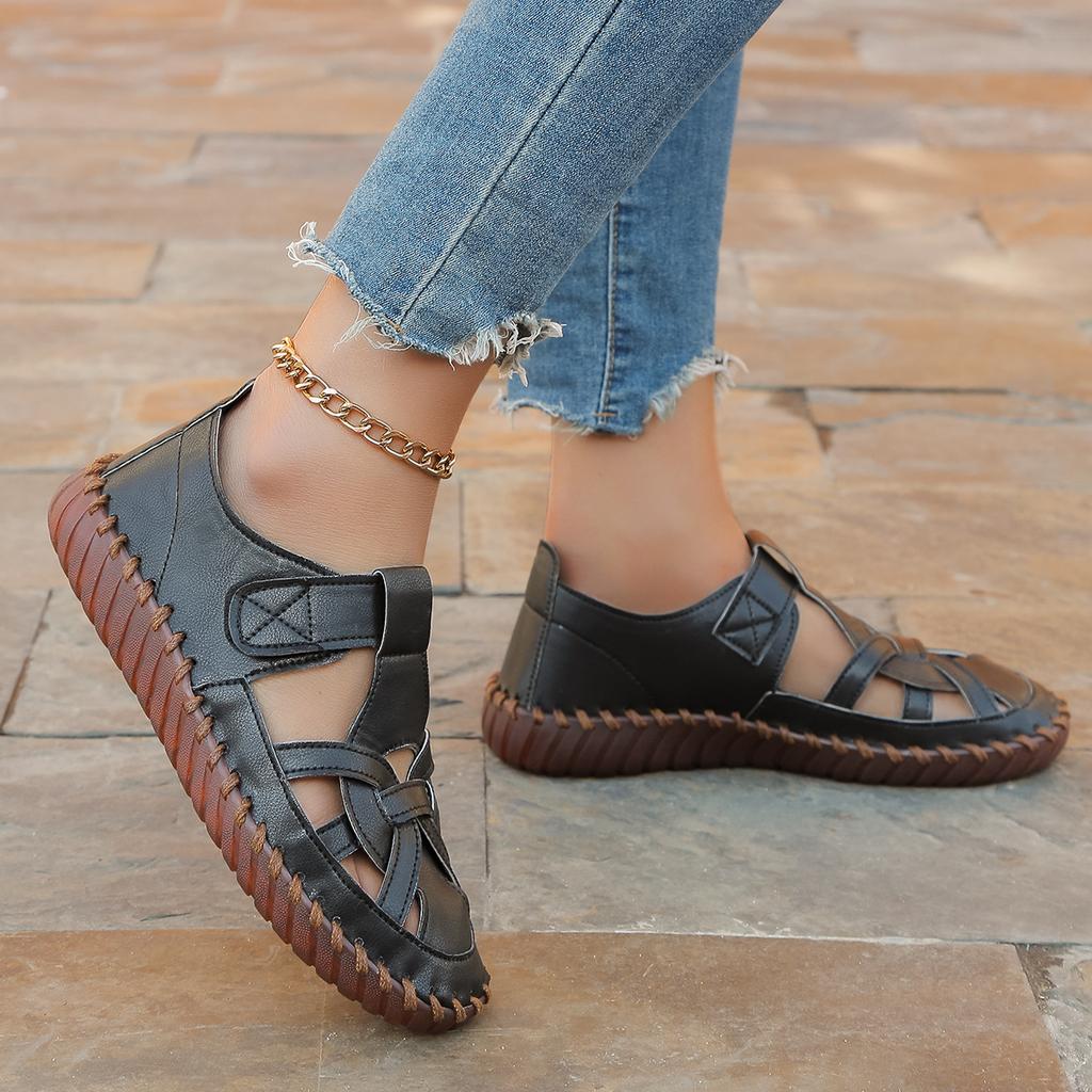 Ретро сандалии с плоским носком для женщин Летние сандалии Большие туфли с липучками Женские одинарные туфли