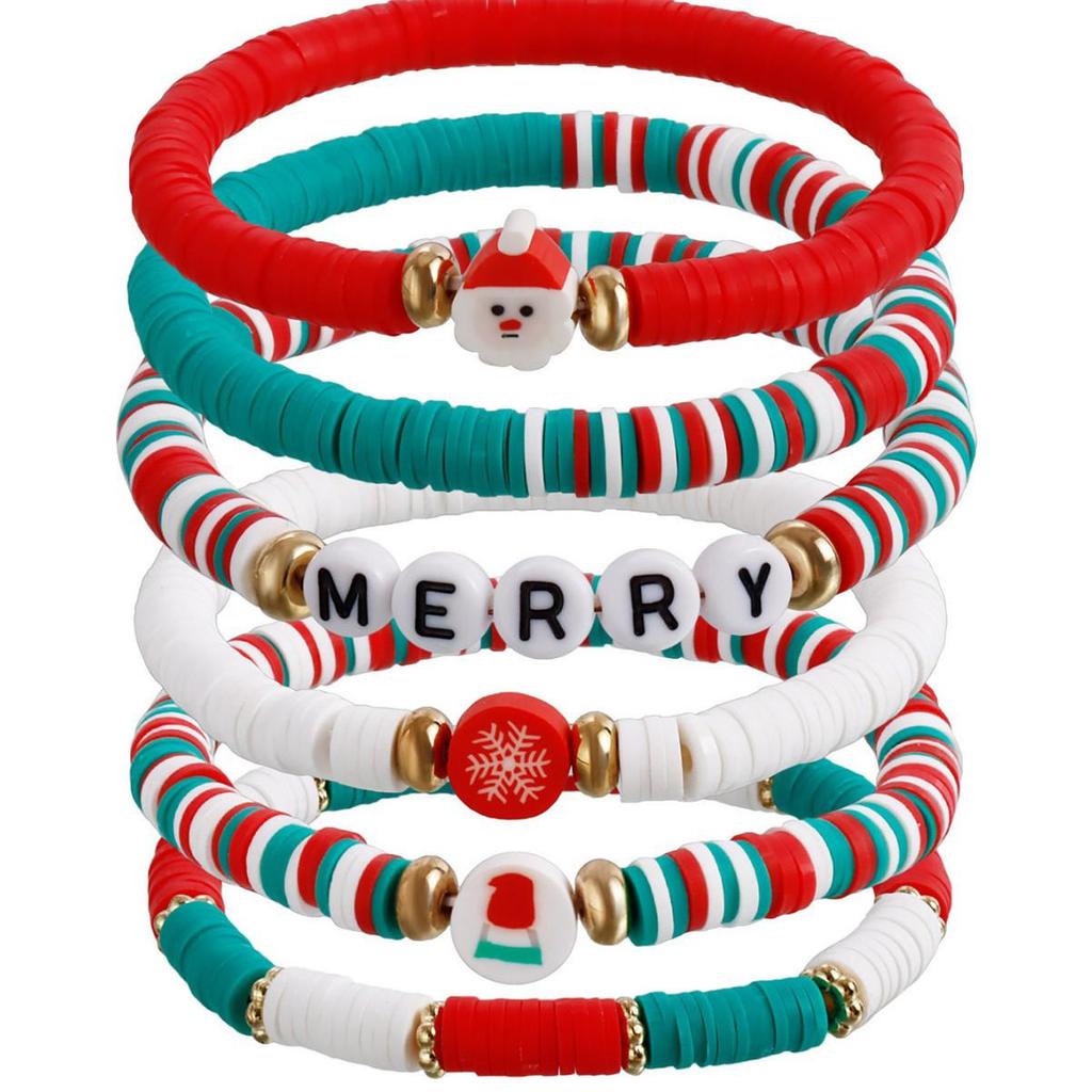 European & American Christmas Polymer Clay Bracelet Set: Colorful Beaded Snowman & English Letter Charms for Women