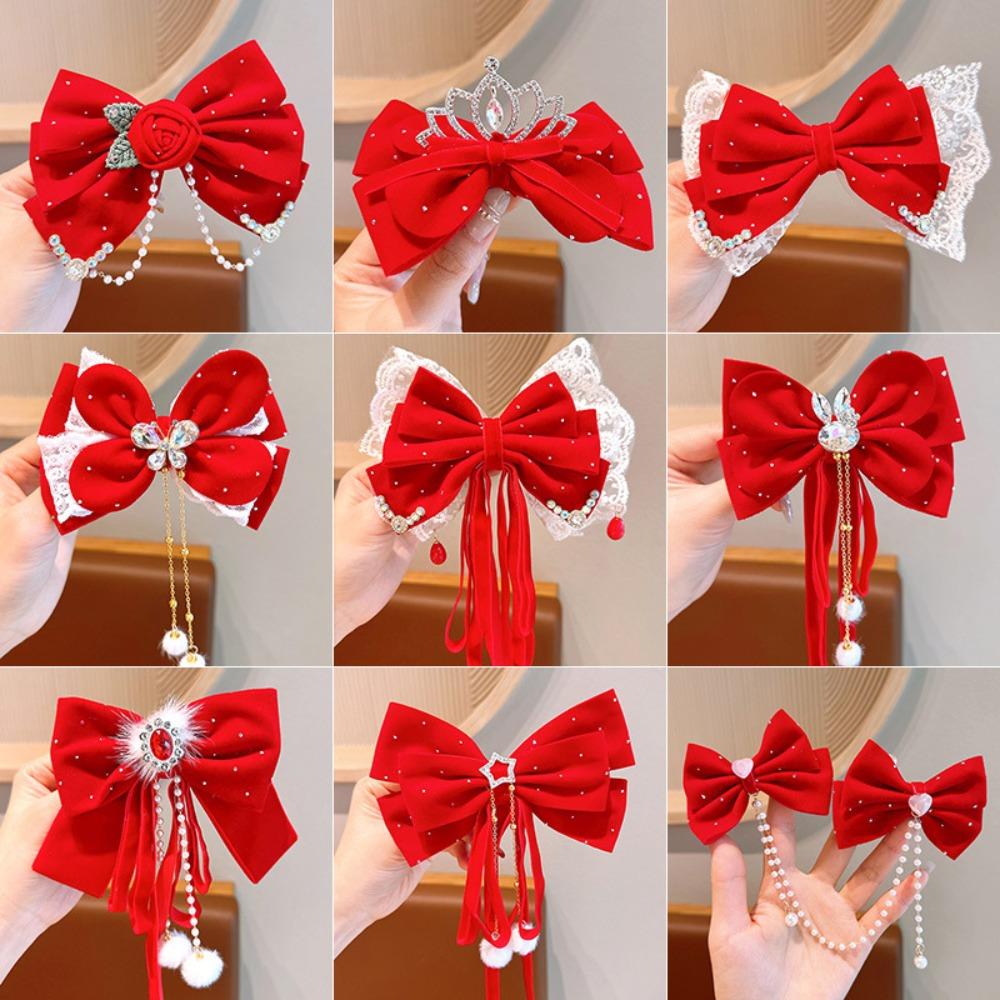 Velvet Ribbon Hair Clips Red Shiny Velvet Hairpins New Year Red Bow Hairpin Little Girls