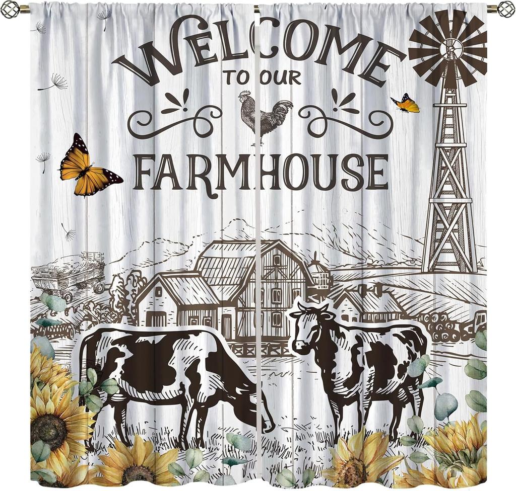 Highland Cow Curtains, Country Farm Animal Cow Window Treatments for Farmhouse Kitchen, Western Wildlife Bull Sunflower Print