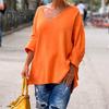 Women Knitting Sweater V-Neck Long Sleeve Solid Color Pullover Sweater Side Slit Hem Loose Fit Casual Street Style Sweater