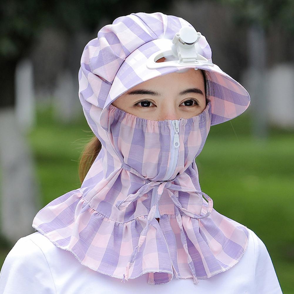 Women Summer Sun Hat Face-covering Neck Protective Windproof Sunshade Sunscreen Striped Hat With Fan