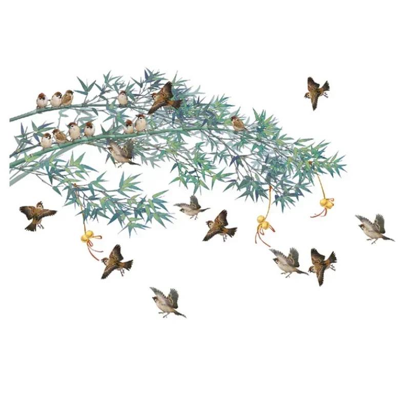 Ink Painting Bamboo Pretty Hinese Birds Wall Sticker 2025 Creative Sofa Background Ornament Vinyl Wall Decals Home Decoratioin