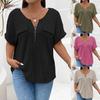 Women's Large Size Solid Color Loose Fit Short Sleeve Zipper Pullover T-shirt with Fake Pocket