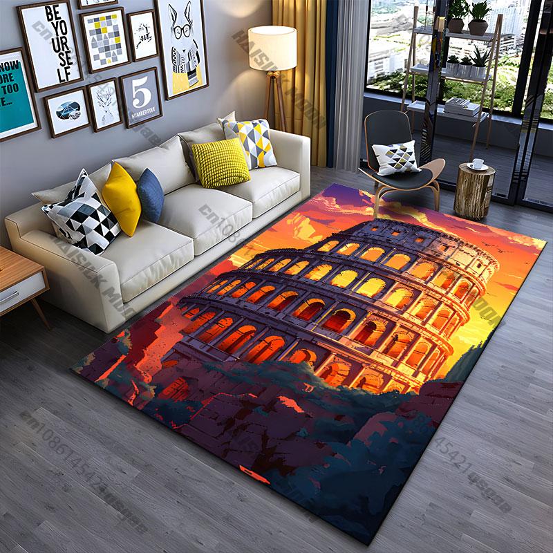 Ancient architecture fiery sunset carpet Yoga living room room decor children's crawling mat doormat area rug games mat