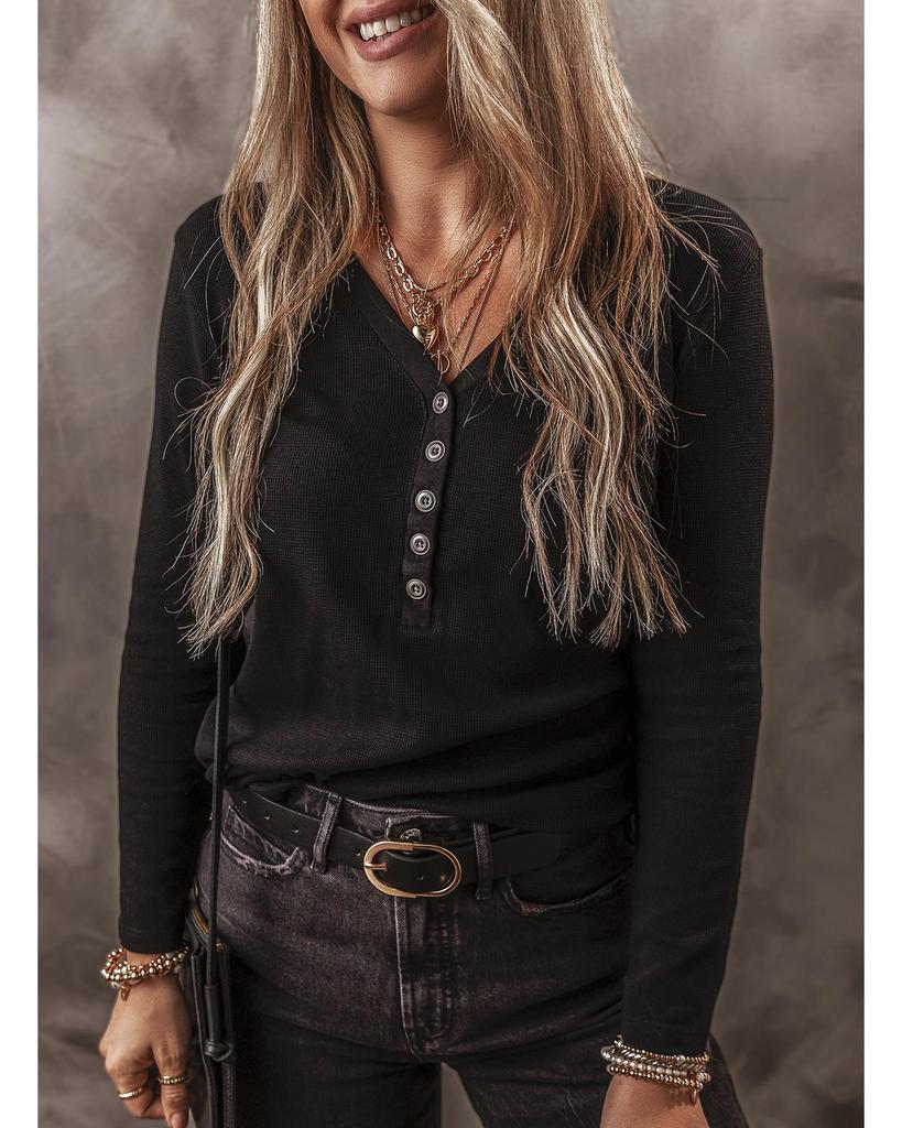 Azura Exchange Black Buttoned V Neck Long Sleeve Ribbed Top