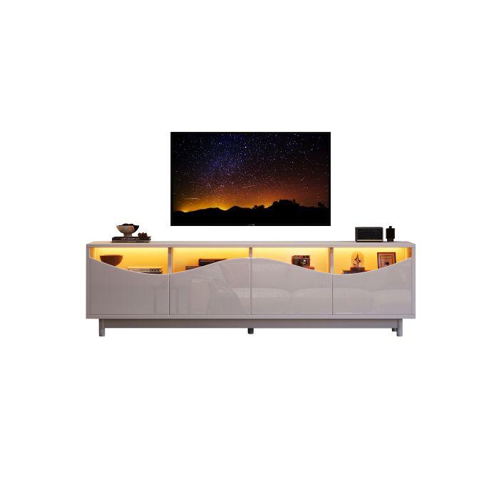 Meuble TV - MUVOE - Design incurvé - Blanc brillant - Éclairage LED