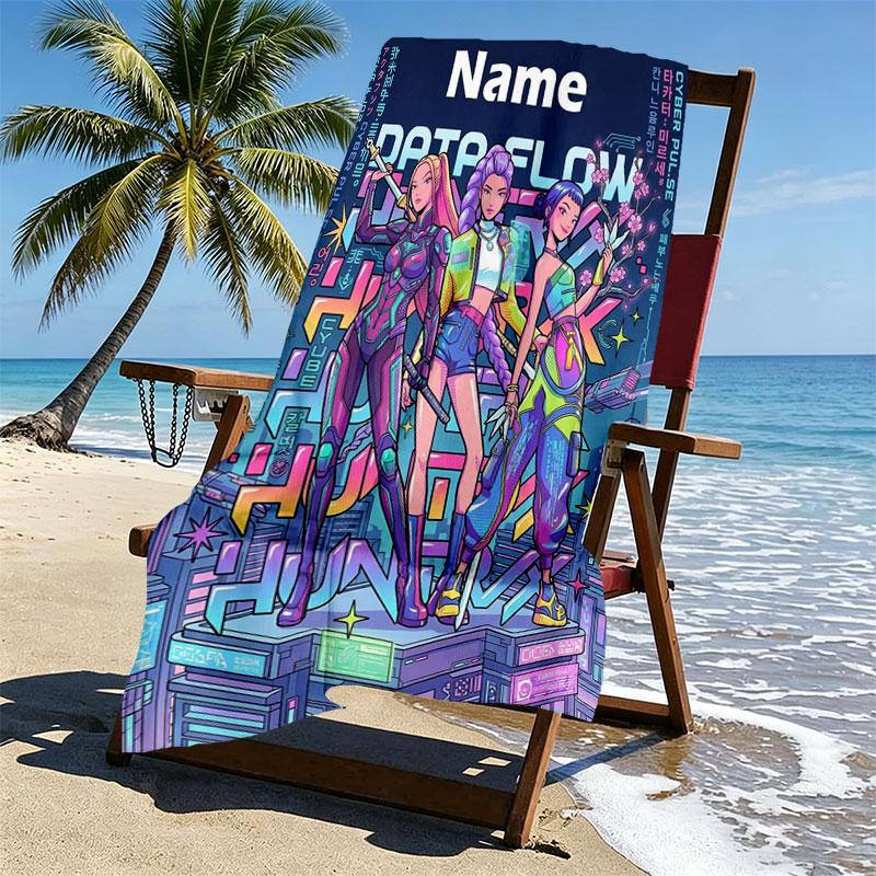 Custom Name Personalized Demon Hunters Kpop Print Beach Towel, for Trip Camping Beach Party Home Decor, Birthday Gift for Family & Friends