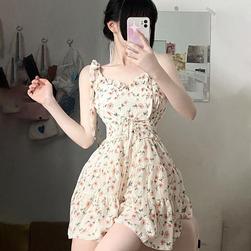 Летние платья с цветочным принтом на подтяжках, женские повязки А-силуэта, повседневные короткие платья в корейском стиле Hotsweet