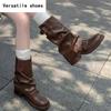 Women Western Cowgirl Booties Fashion Slip On Mid Calf Booties Retro Style Thick Heel Autumn Female Shoes