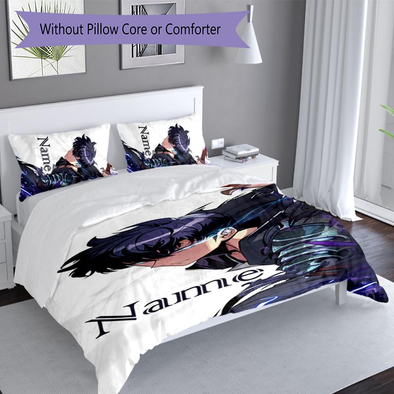 3pcs Custom Name Solo Leveling Bedding Set,Includes 1 Duvet Cover and 2 Pillowcases,All-season Bedroom Decor