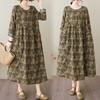 Spring and Summer New Vintage Cotton-Linen Round-neck Floral Pockets Long-Sleeved Dress for Women Loose Fit for Slimming - A-Line Skirt
