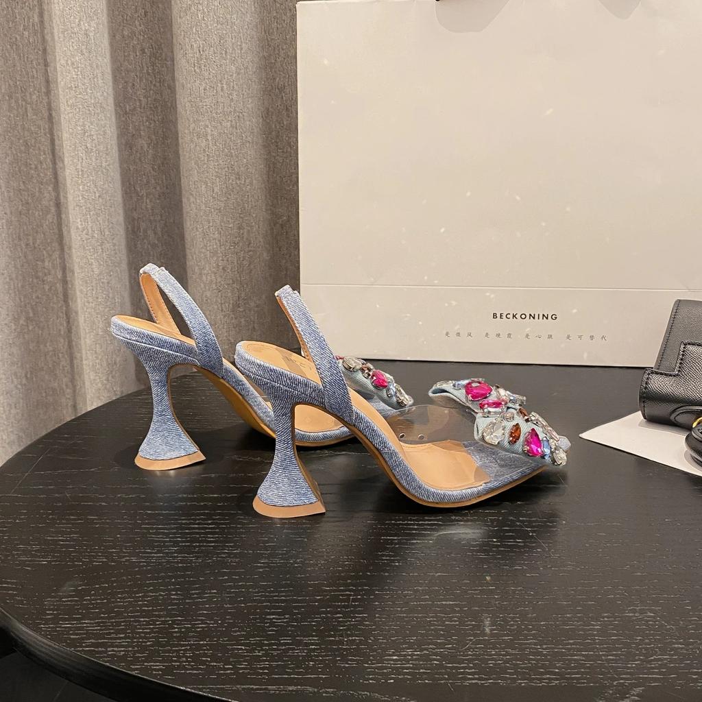 Summer Women's Fashion Rhinestone Butterfly PVC Denim Ankle Strap Wine Glass Heel High Heel Sandals Party Wedding Shoes