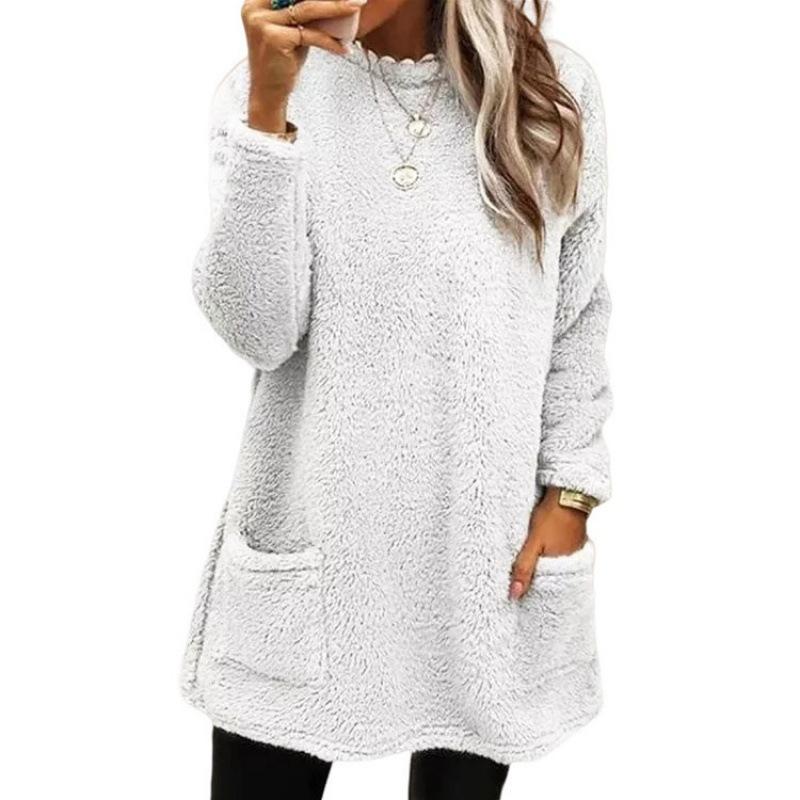 Autumn Winter Solid Color Print O-Neck Women's Long Sleeve Pocket Plush Hoodie T-shirt Top
