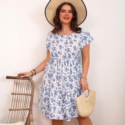 Женское нежное праздничное ветровое платье весна/лето с круглым вырезом и цветочным принтом средней длины