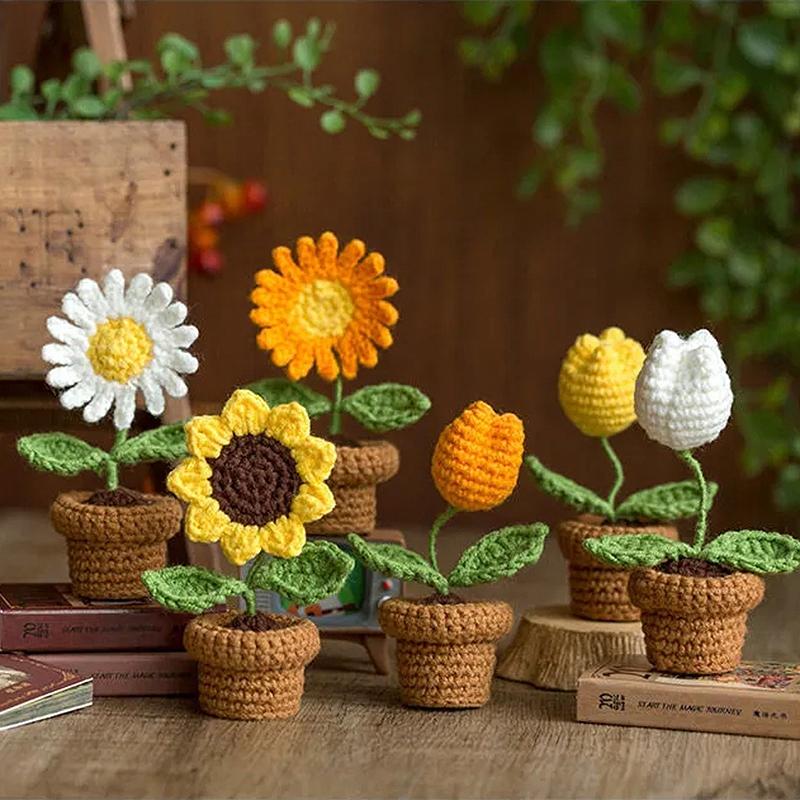 Mini Cute Crochet Flower Hand-Woven Simulation Flower Sunflower Potted Plants Knitted Finished Flowers Home Garden Decoration