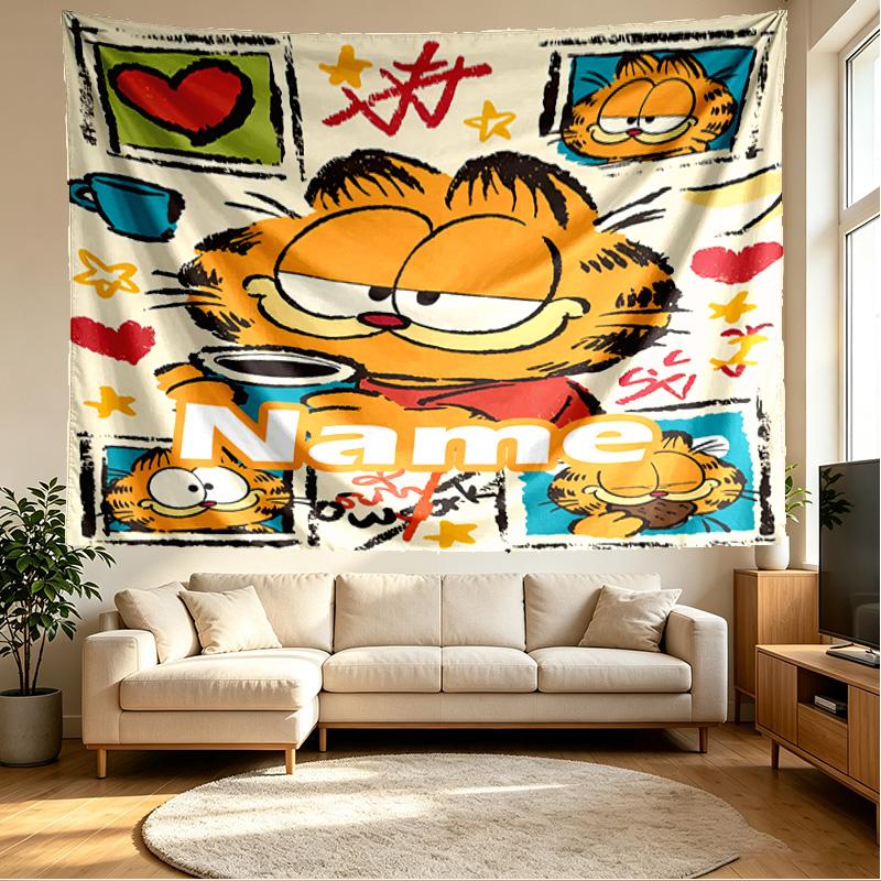 Custom Name Personalized Garfield Print Tapestry, Wall Art Decor, Bedroom, Dorm, Apartment, LivingRoom, Party Backdrop, Gift for Birthday