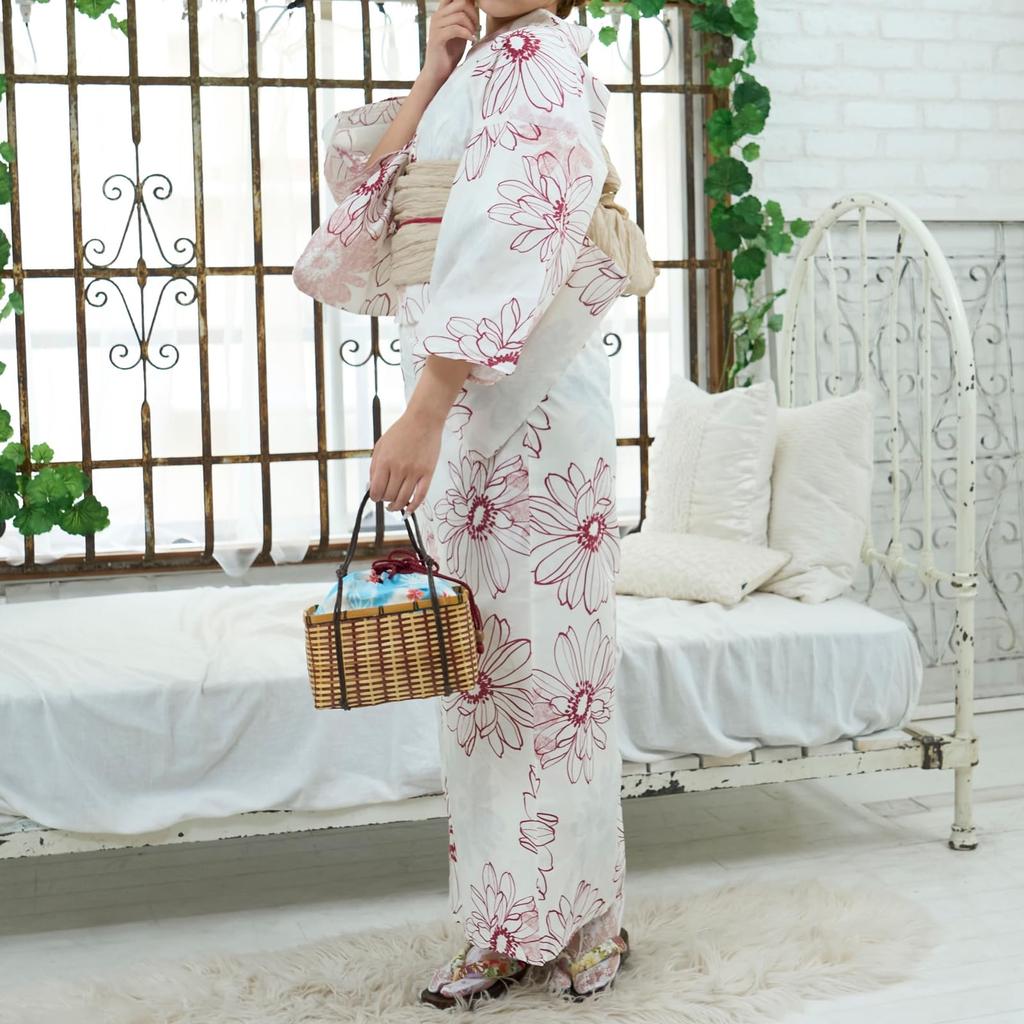 RAVIR Yukata White with an Adorable Red Daisy Includes a Fluffy Obi Belt and One Size Fits All Women's 3-Piece Set, Pattern, Sandals,